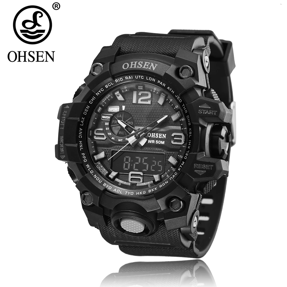 #Best Top Sale Fashion OHSEN Digital Sport Watch Men Quartz 50M Swim Wristwatch Rubber Band Waterproof LCD Hombre Male Hand Clock Gift