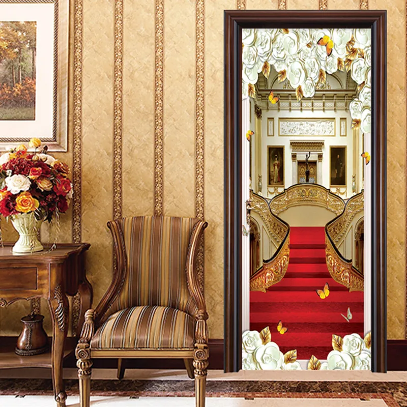 European Style Door Sticker 3D Stairs Red Carpet Wallpaper Living Room Hotel Home Decor Luxury Design Door Decals Wall Stickers European Style Door Sticker 3D Stairs Red Carpet Wallpaper Living Room Hotel Home Decor Luxury Design Door Decals Wall Stickers