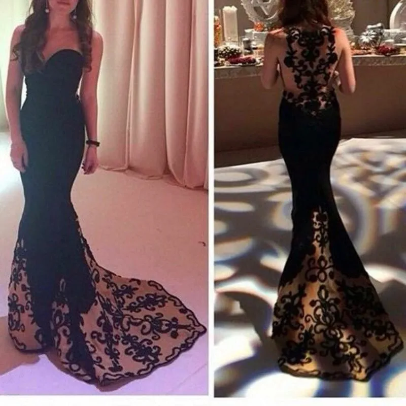 

Sexy See Through Sheer Back Sleeveless Prom Gown Embroidery Mermaid Evening Dress for Wedding Party