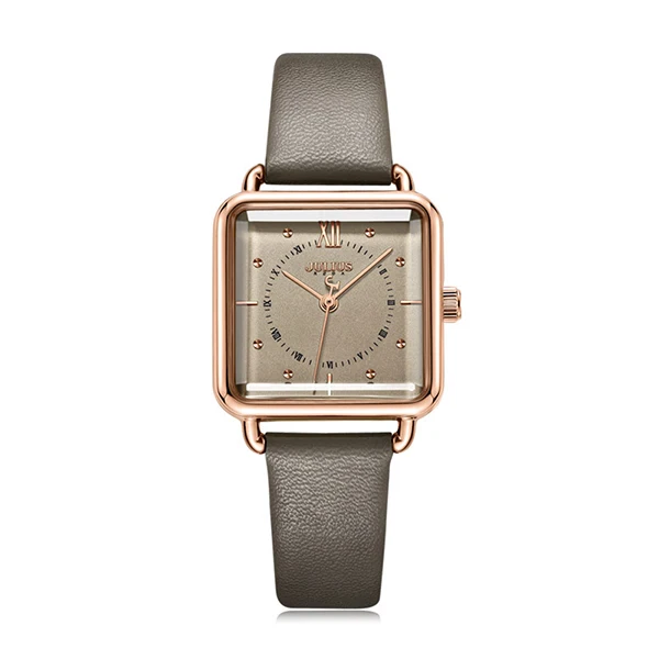 Julius бренд леди Ретро Красные квадратные часы с кожаным ремешком женские повседневные водонепроницаемые кварцевые наручные часы Montre Femme подарок - Цвет: gray leather watch