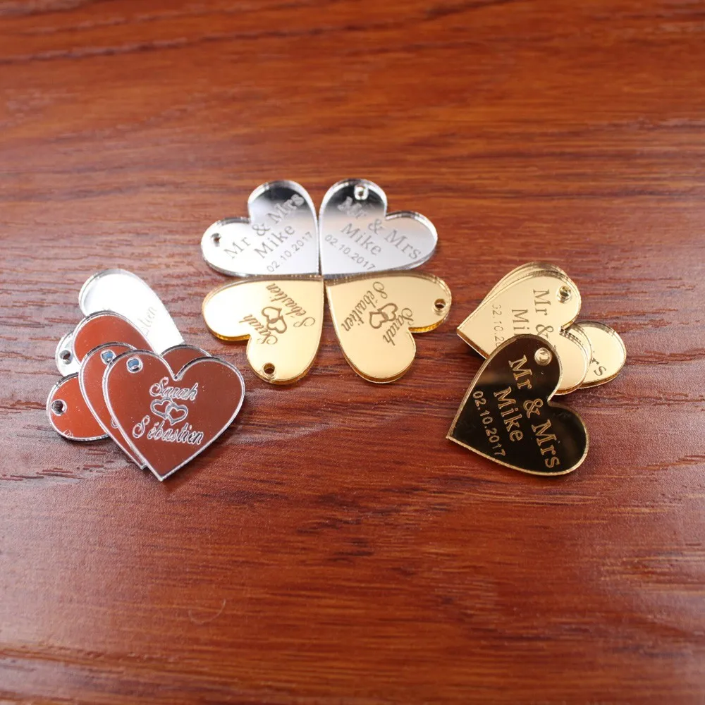 50pcs Personalized Engraved Name Card Mirror MR & MRS Surname Love Heart Wedding Table Decoration Favors Customized Size2