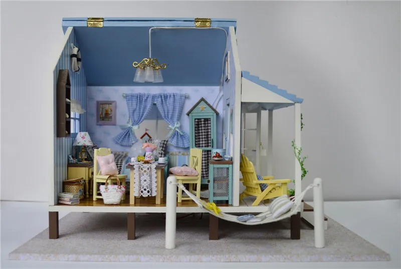  TOP Brand DIY 3D Wooden Doll house miniature with LED+Furniture Beach Villa Tanabata Valentine's Day Room for children Lover  (2)
