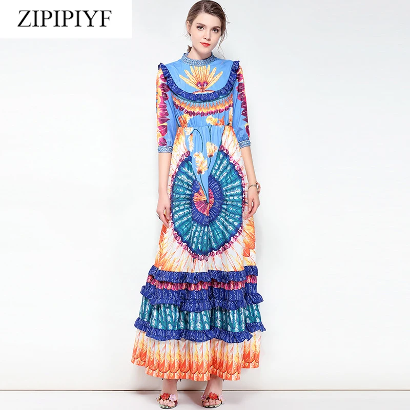 2018 Summer Runway Dresses Short Sleeves Beads Diamonds Print O-collar Ankle-Length Women's Dress Vestidos De Festa D1410 | Женская