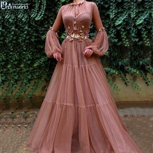 Blush Muslim Evening Dresses A-Line Long Sleeves Flowers Tulle Islamic Dubai Kaftan Saudi Arabic Elegant Long Evening Gowns