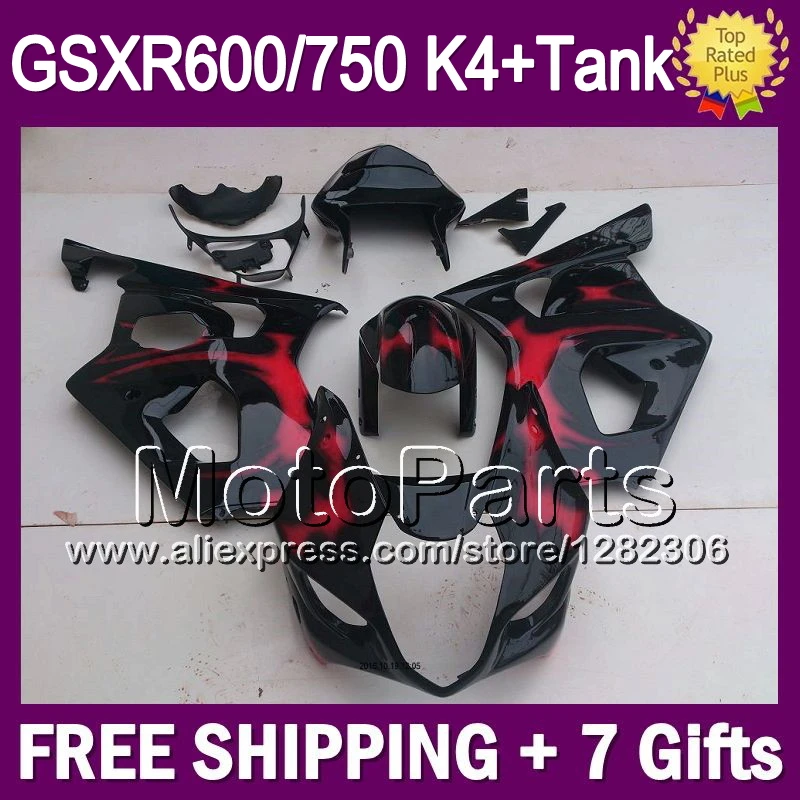Red flames +Tank For SUZUKI GSXR600 2004 2005 GSXR-600 04-05 8#2111 GSX R600 GSX-R600 K4 GSXR 600 04 05 Fairing New black | Автомобили и
