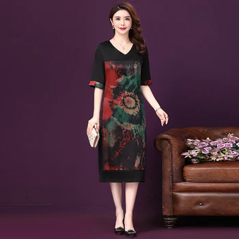 

2020 Spring Summer V-neck Short Sleeved Silk Women Dress New Style Exquisite Printed Loose Elegant Temperament Female Dresses