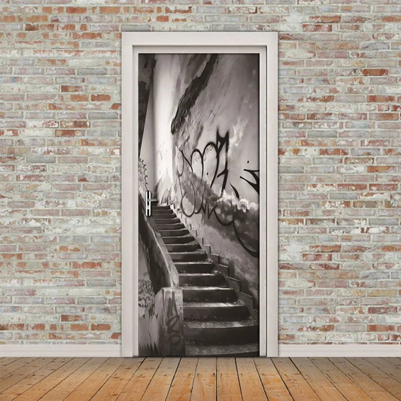Винтажное старое здание лестницы 3D Двери обои гостиной спальни двери украшения настенные наклейки ПВХ водонепроницаемый домашний декор Фреска - Цвет: Многоцветный