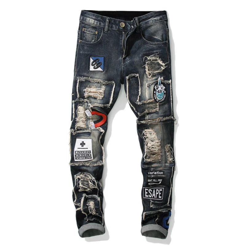 Мужская мода, мотоциклетная одежда в стиле панк, облегающие обтягивающие рваные джинсы, homme frame, джинсовая ткань, облегающие брюки, мужские брюки в стиле пэчворк