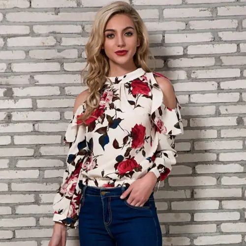 Fashion Women Lady Summer Loose Top Off Shoulder Long Sleeve Floral Blouse Ladies Casual Tops Shirt Clothes |