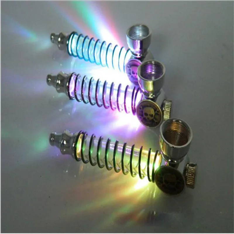1PC Spring Tube Colorful Led light Metal Smoking Herb Pipe Portable