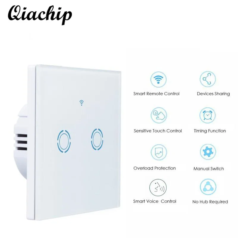 

QIACHIP EU Plug White Wall Waterproof Touch Sensor Switch 2 Gang 1 Way Remote Control Switch Smart Home Light Lamps LED Switch