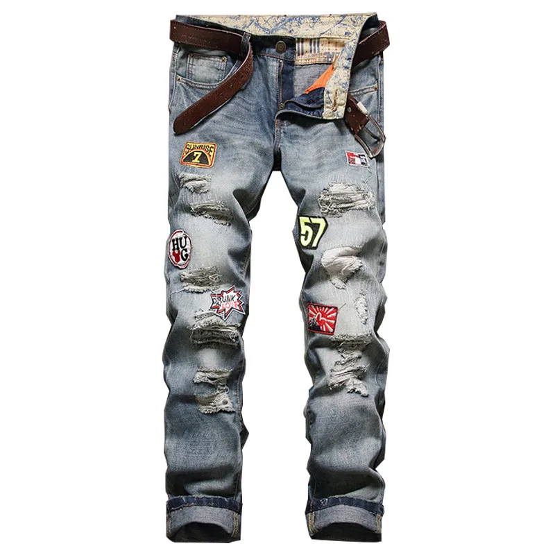 Personality Badge Patchwork Jeans Men Ripped Jeans Classic Scratched