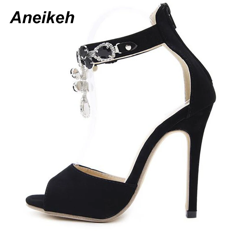 US $17.19 Aneikeh Black Crystal Women Embellished Suede Leather High Heel Sandals Peep Toe Ankle Strap Rhinestones Gladiator Shoes