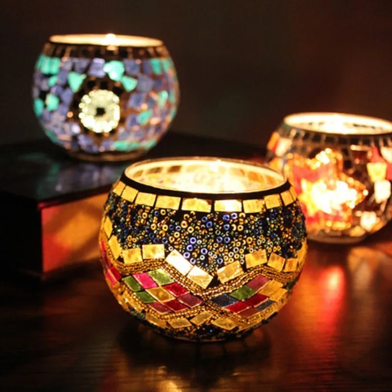 European Coloured Candlestick Mosaic Glass Candle Holders Romantic Candlelight Dinner Restaurant Candle Cup Wedding Decoration 3
