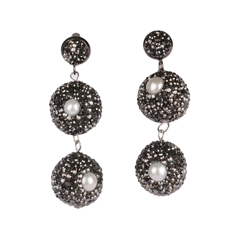 

2 Inches Double Shine Classic Black Rhinestone Ball Pave Natural Pearl Beads Chandelier Pendant Charm Dangle Earring For Women
