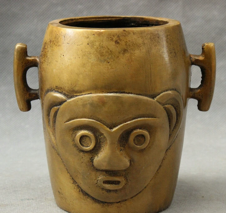 

Folk Chinese Bronze Buddhism SanXingDui Man Face Statue Cup Jar Brush Pot Vase