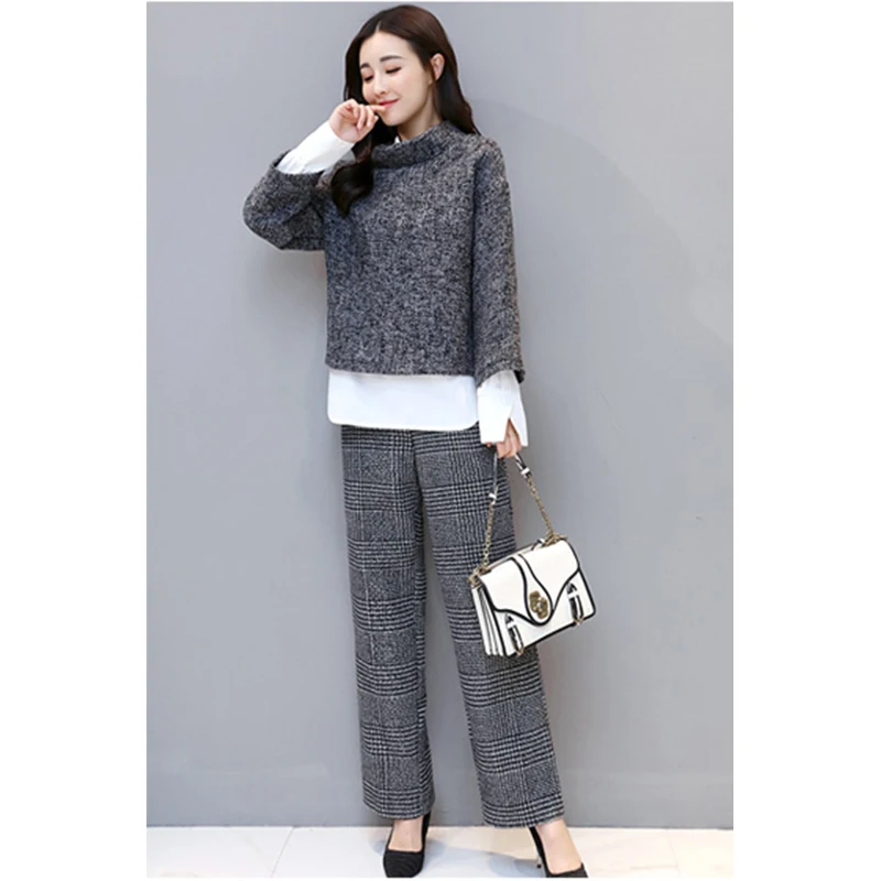 Fashion Houndstooth 3 Pieces Women Suit Sets Wide Leg Pants+Blouse+Coats Autumn Wollen Pullover Coats 2018 New RH232