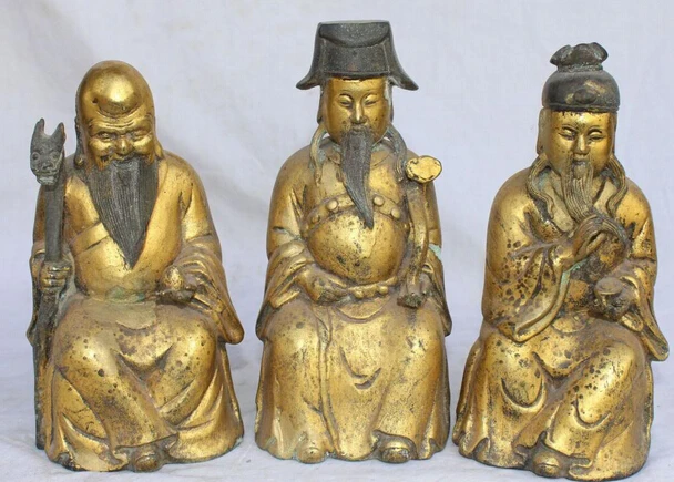 

S07178 8" Chinese Bronze Gilt Blessing Fu Lu Shou 3 immortal God Dragon Ruyi Set Statue