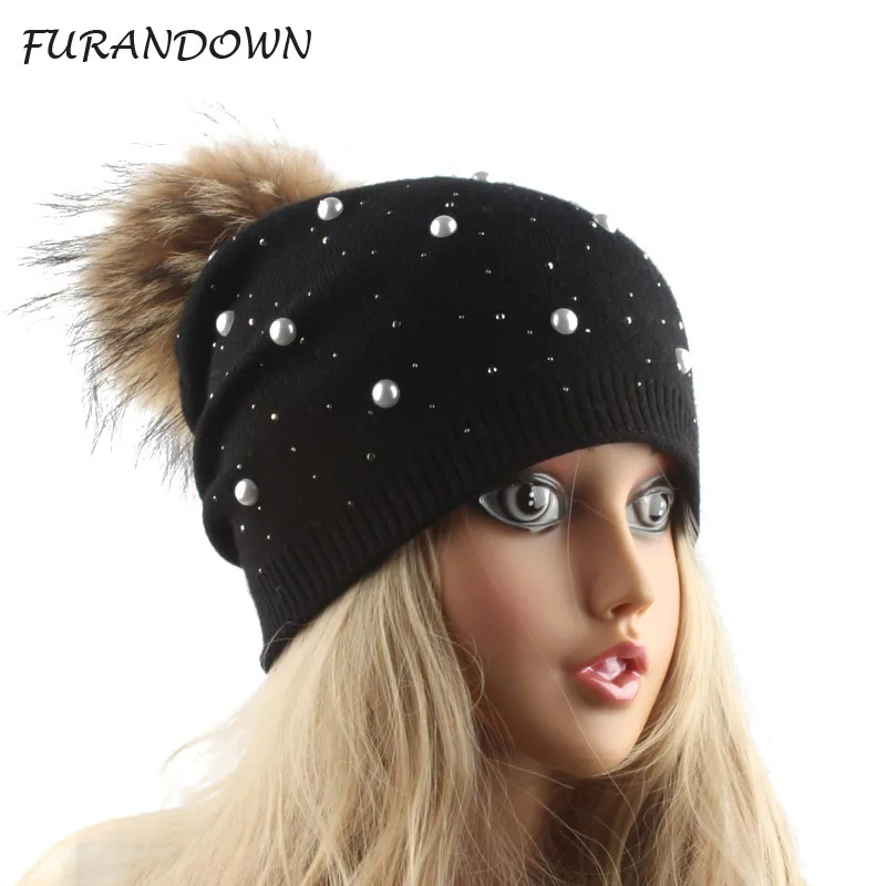 

warm winter hats for women pearl rhinestone skullies beanies wool knitted hat women's winter cap real fur pompom hat