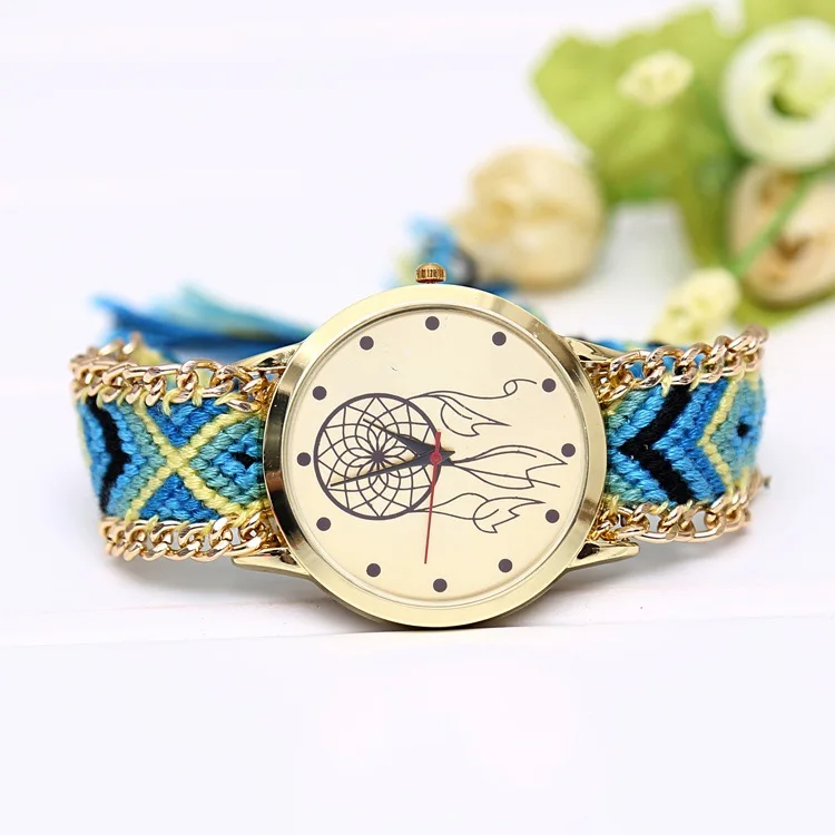 Модные Разноцветные Ткань группа Для женщин Кварцевые наручные часы в народном стиле Стиль Для женщин часы-браслет ручная работа Reloj Mujer
