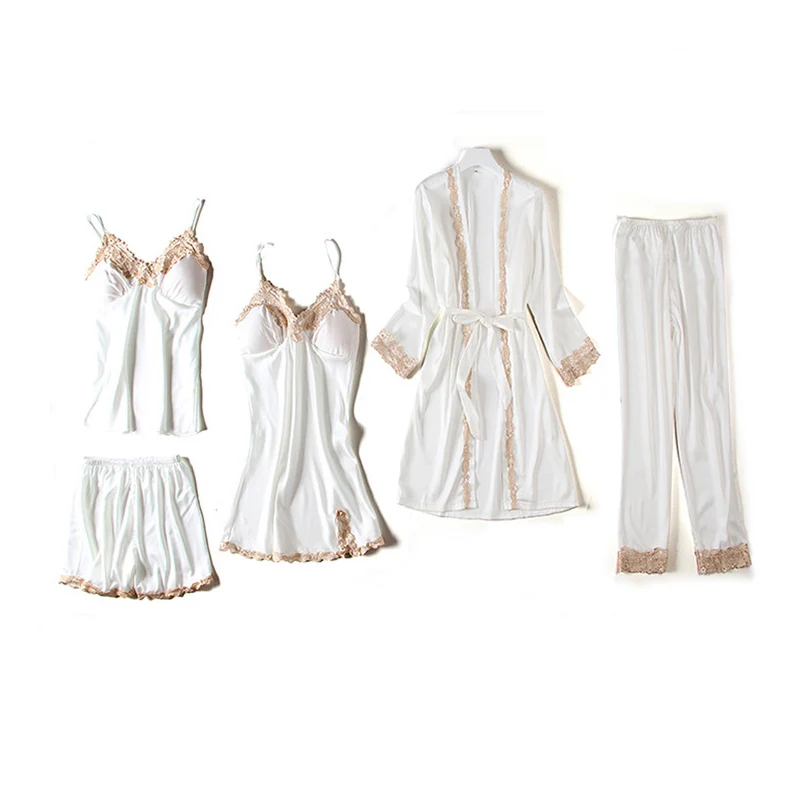 Пижамы для женщин весна осень 5 шт пижамы домашний костюм домашний комплект с нагрудной накладкой халат с поясом пижамы одежда - Цвет: white