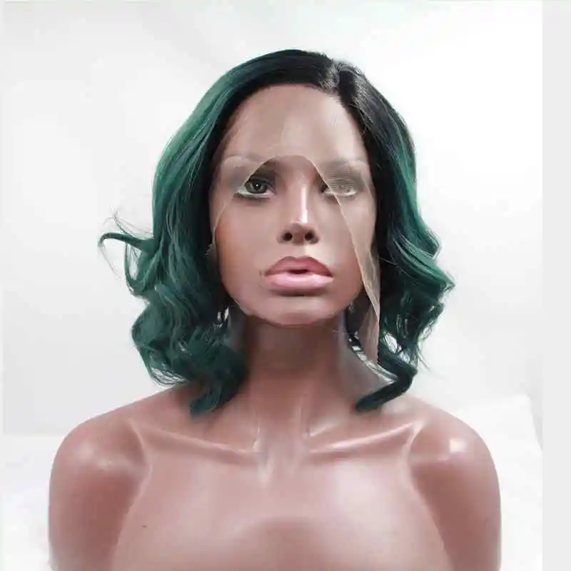 

hot sale fashion short ombre green black dark root body wave heat resisitant fiber synthetic africa american black womens wig