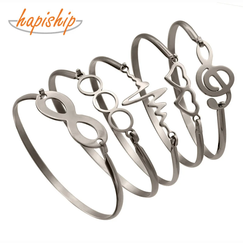 

Hapiship 2019 Boy and Girl Silver Color Heart Round Cross Note Stainless Steel Bangles Bracelets For Women Jewelry Gift BX08