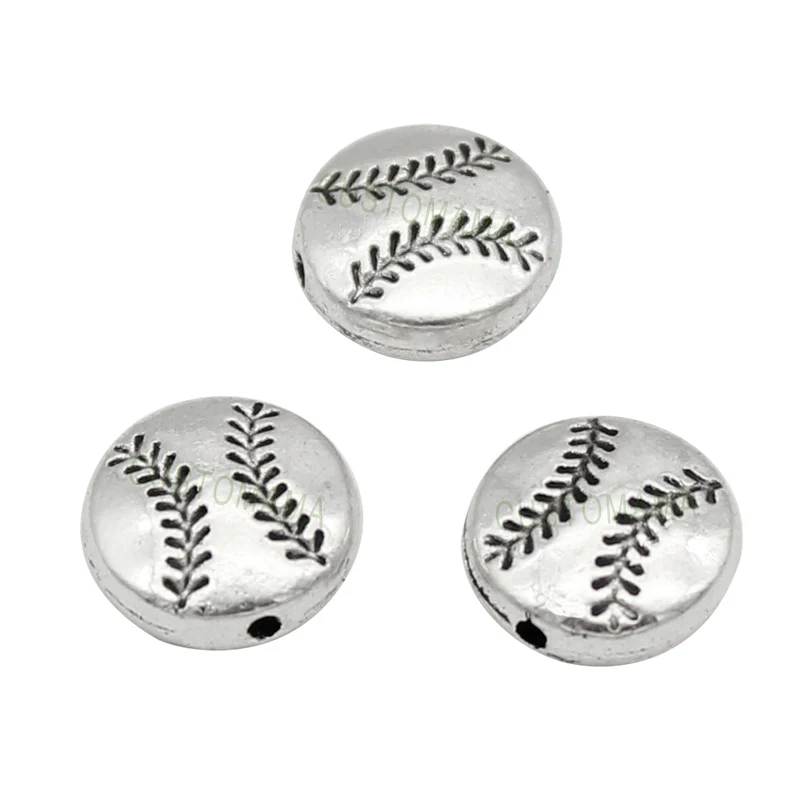

60PCS-Antique Silver Tone Baseball Spacer Beads Charms,Bail Beads 10mm