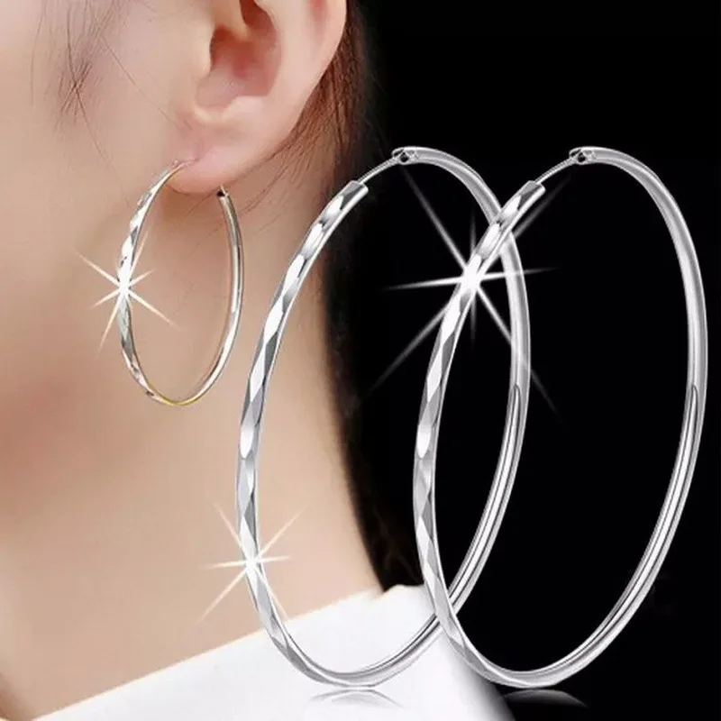 

Women's Fashion Big Circle Hoop Earrings lozenge Silver Simple Jewelry