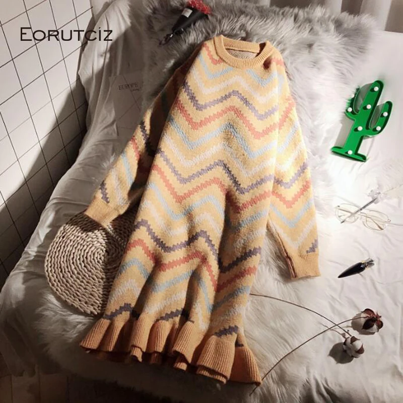 

EORUTCIZ Winter Knitting Sweater Dress Women Thick Pleated Basic Dress Spring Patchwork Long Sleeve Dresses LM521