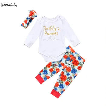 

Emmababy Newborn Clothes Daddy's Princess Long Sleeve Cotton Romper Tops Floral Long Pant Headband 3PCS Kids Girl Clothing Set