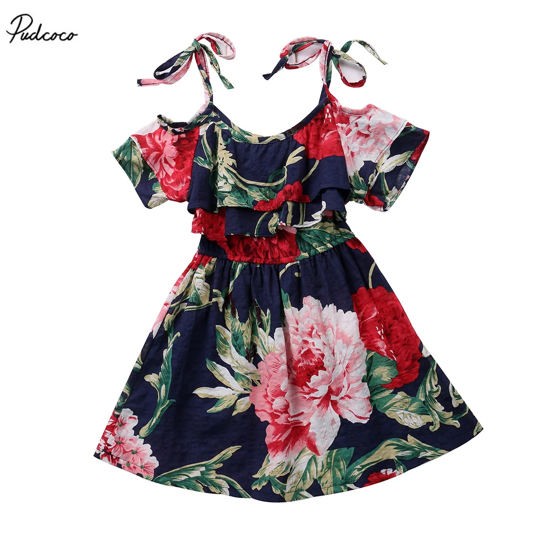 Baby Girls Off-shoulder Strap Skater Dress Kids Floral 2017 New Summer Short Sleeve Party Dresses 2-7 Year | Детская одежда и
