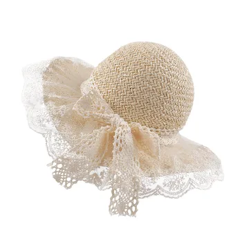 

Lace Bow Baby Girl Straw Sun Hat Breathable Cool Cap for Princess Sunshade Summer Beach with Wide Brim Sweat Band and Chinstrap