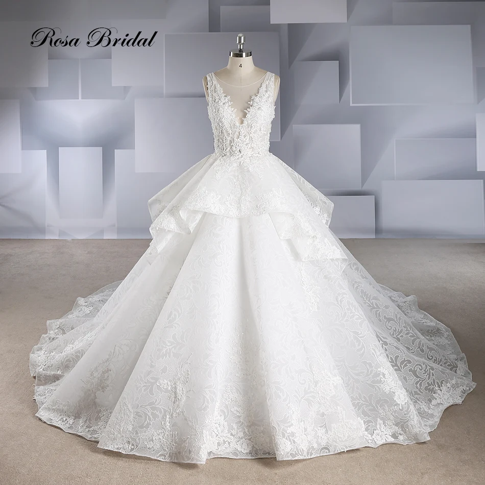 

Rosabridal ball gown Wedding Dress Sleeveless deep o Neck beading Lace Appliques Embroidery Open Back Bridal Gown with tail