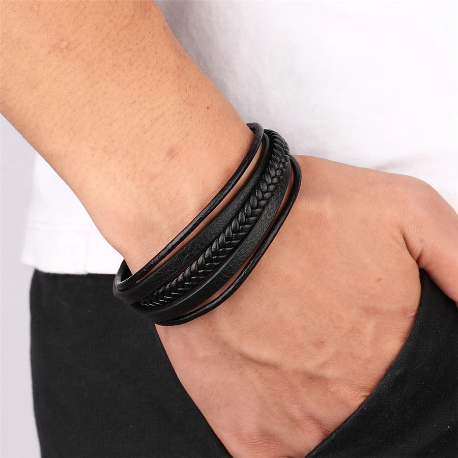 XQNI Trendy Men Jewelry Popular Black Color Genuine Leather Bracelet Multi-layer Design Charm Cuff Bangle For Handsome Boy Gift