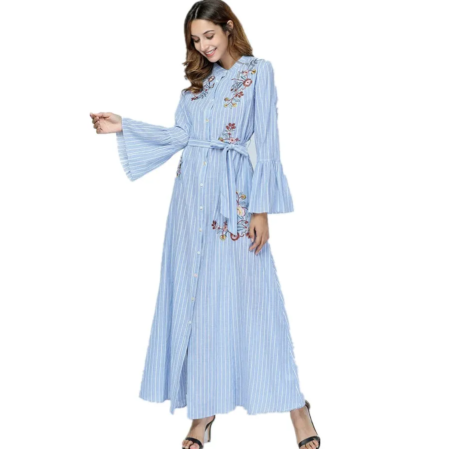 Muslim adult striped embroidery abaya Arab Fashion Turkey Middle East islamic Dresses...