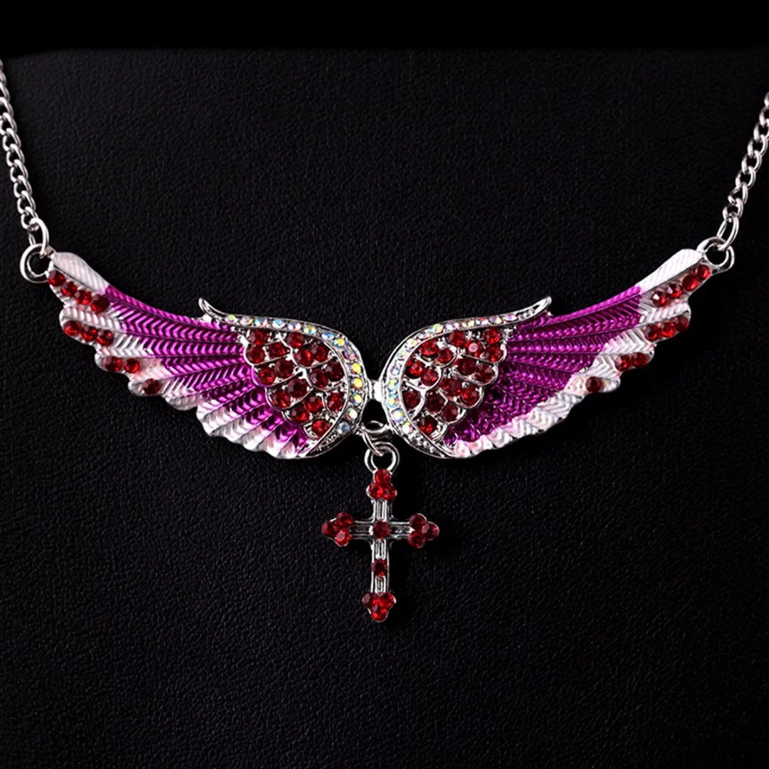 Chic Chain Necklaces Sexy Ladies Crystal Angel Wings Cross Necklaces & Pendants Fashion Jewelry For Women Shellhard