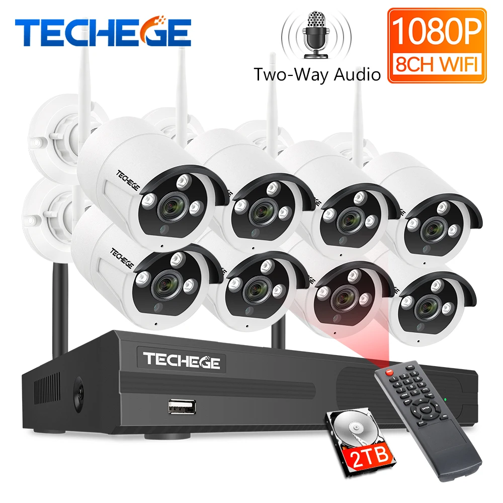 Techege 8CH 1080P Wireless Camera System Two Way Audio 2MP Waterproof Outdoor WIFI Video Surveillance Kit 4/8 Metal Camera Kit