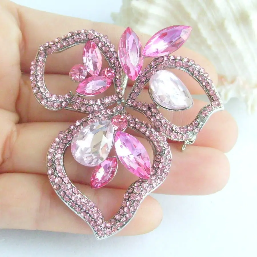 2.36" Pink Rhinestone Crystal Flower Brooch Pin Pendant EE06566C4
