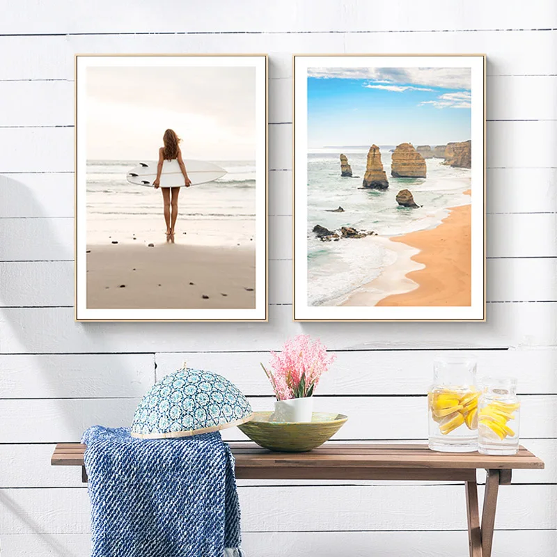

Beach Sea Canvas Painting Blue Sky Swimsuit Girl Posters Pictures for Home Wall Living Room Decoration without frame