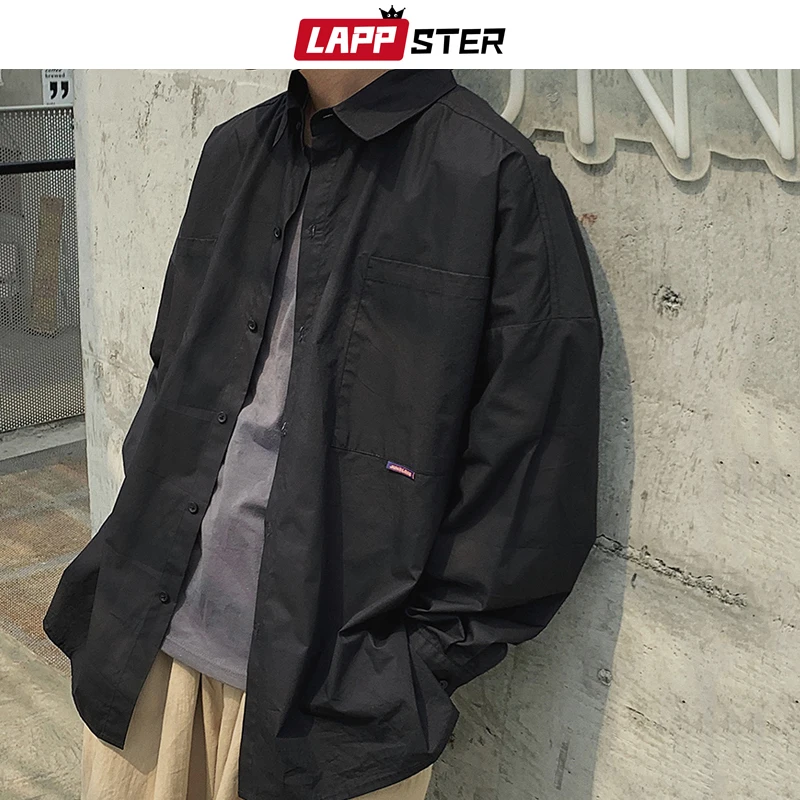 

LAPPSTER Men Streetwear Harajuku Cargo Shirts 2019 Button Up Casual Vintage Shirt Korean Fashions Long Sleeve Khaki Loose Shirts