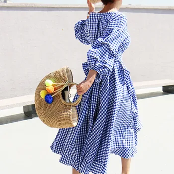 

LANMREM 2020 New Fashion Casual Women Loose Sweet V-neck Pleated Lanterns Sleeve high waist bandage Dress vintage TC032