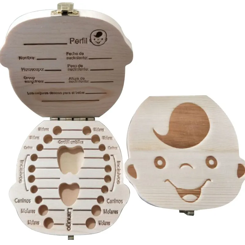 

Baby Tooth Box Storage Spanish/English/Russian Text Baby Wood Case Save Milk Teeth Collection Holder A