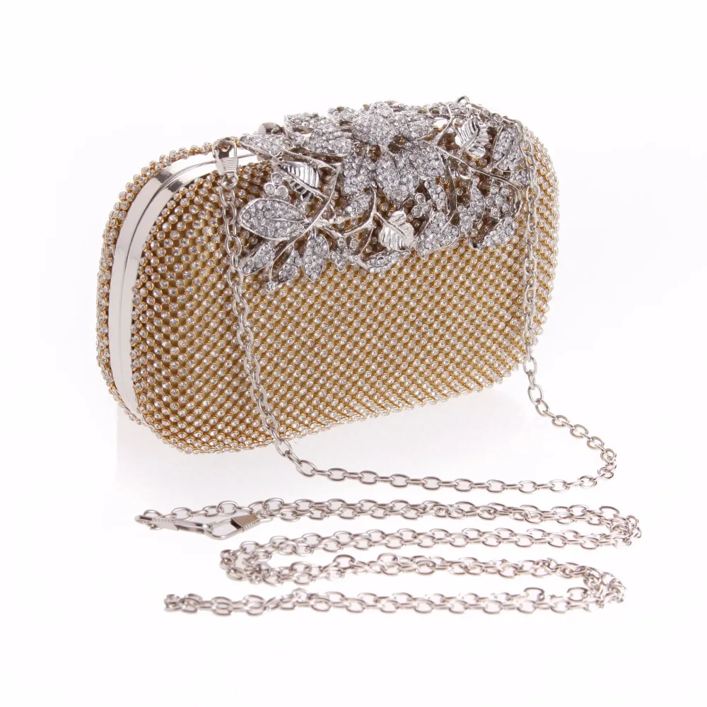 Bridal Metal Clutch Floral Bag Women Crystal Golden Evening Bags