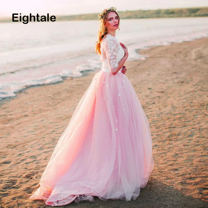 Eightale Pink Boho Wedding Dress 2019 O-Neck A-Line Wedding Gowns Tulle Appliques Lace Backless Long Sleeves Beach Bridal Dress Eightale Pink Boho Wedding Dress 2019 O-Neck A-Line Wedding Gowns Tulle Appliques Lace Backless Long Sleeves Beach Bridal Dress