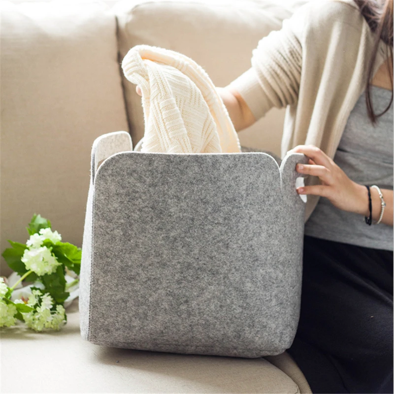 

Felt Storage Box Japanese Portable Handle Grey Clothing Books Decorations Pets Square Storage Basket Home Storage