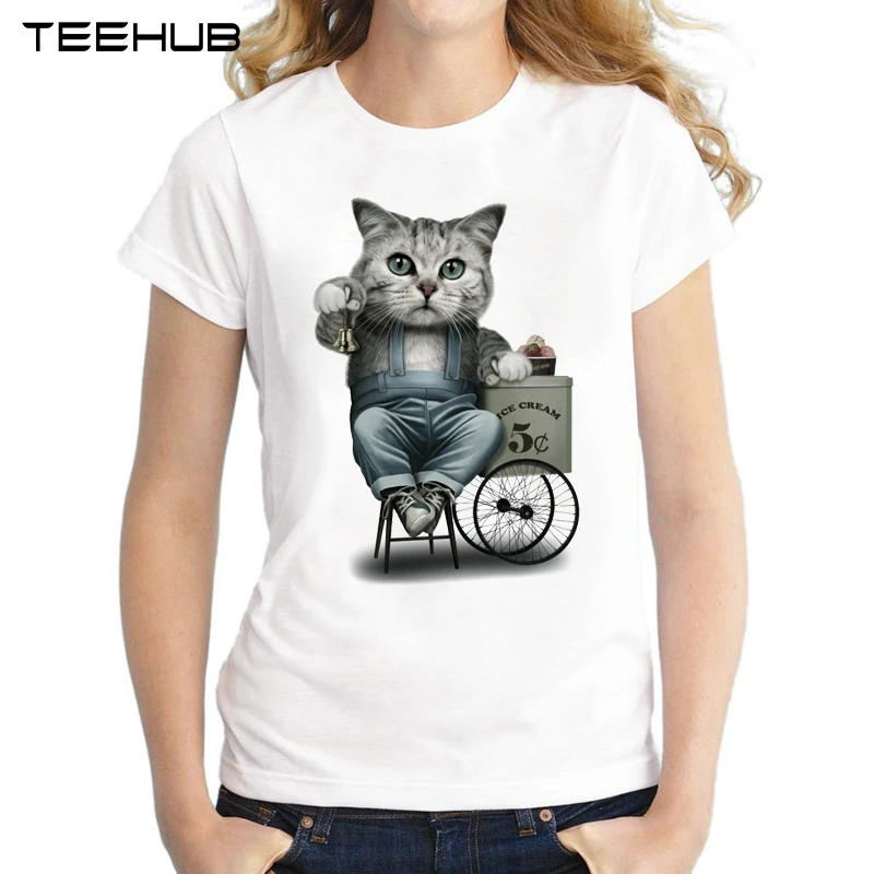 Новинка 2019 женская летняя футболка с забавным котом и принтом мороженого