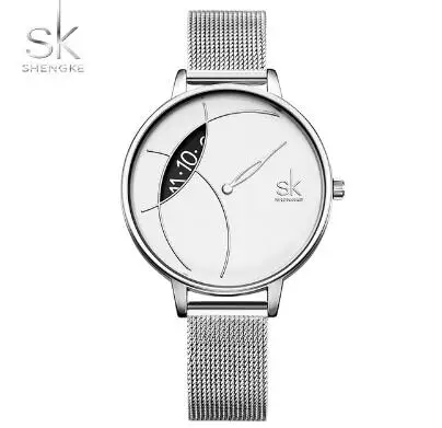 

Shengke Women Fashion Watch Creative Lady Casual Watches Stainless Steel Mesh Band Stylish Desgin Silver Quartz Watch for Female