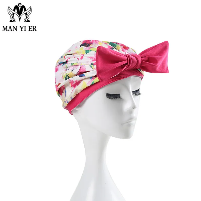 

MYE New Women Floral Pink Swimming Cap Pink Printed Swimming cap Bowknot Long Hair for ladies Bathing caps