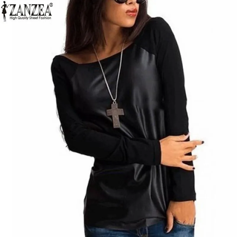 

ZANZEA 2016 Women Sexy Blouses Autumn Casual Long Sleeve PU Leather Patchwork Contrast Color Slim Shirts Blusas Femininas